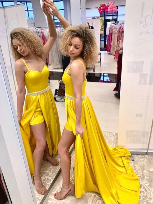 Glamorous A-Line Sweetheart Spaghetti Strap Beaded Yellow Prom Dress