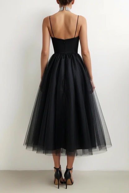 Glamorous A-Line Sweetheart Spaghetti Strap Tulle Black Midi Prom Dress