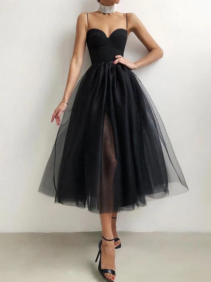 Glamorous A-Line Sweetheart Spaghetti Strap Tulle Black Midi Prom Dress