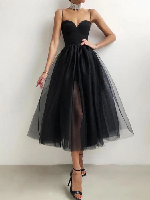Glamorous A-Line Sweetheart Spaghetti Strap Tulle Black Midi Prom Dress