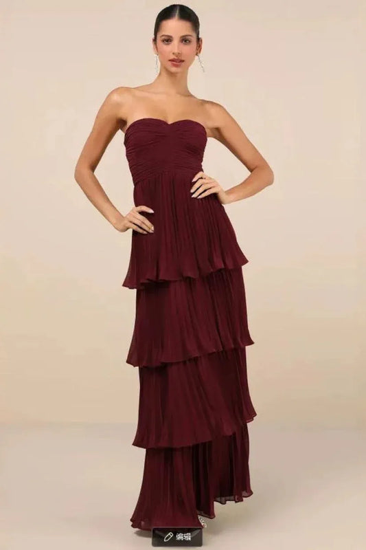 Glamorous A-Line Sweetheart Tiered Pleated Ruffle Burgundy Floor-Length Prom Dress