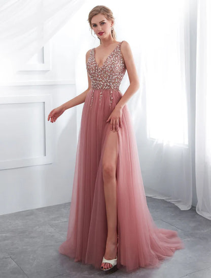 Glamorous A-Line V-Neck Beaded Dusty Rose Floor-Length Prom Dress