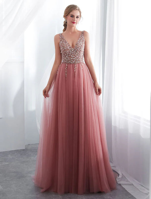 Glamorous A-Line V-Neck Beaded Dusty Rose Floor-Length Prom Dress