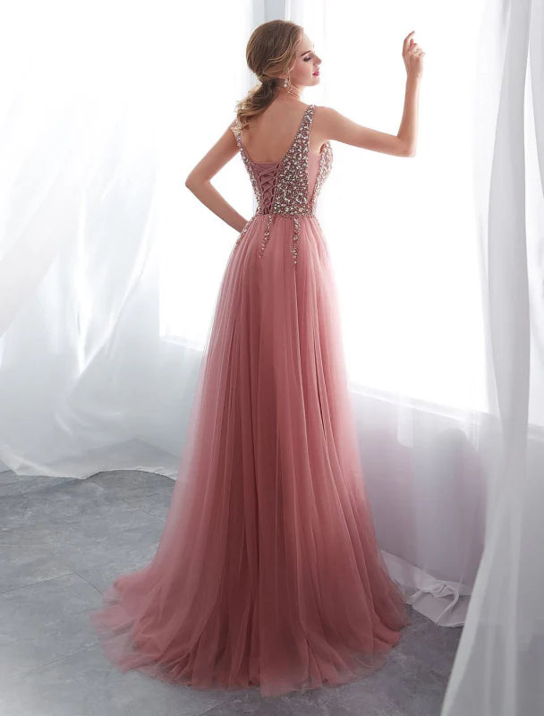 Glamorous A-Line V-Neck Beaded Dusty Rose Floor-Length Prom Dress