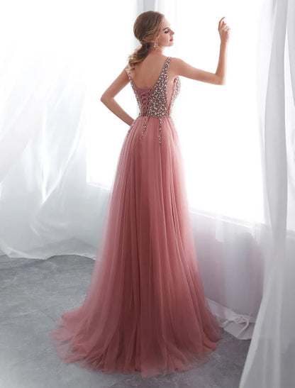 Glamorous A-Line V-Neck Beaded Dusty Rose Floor-Length Prom Dress