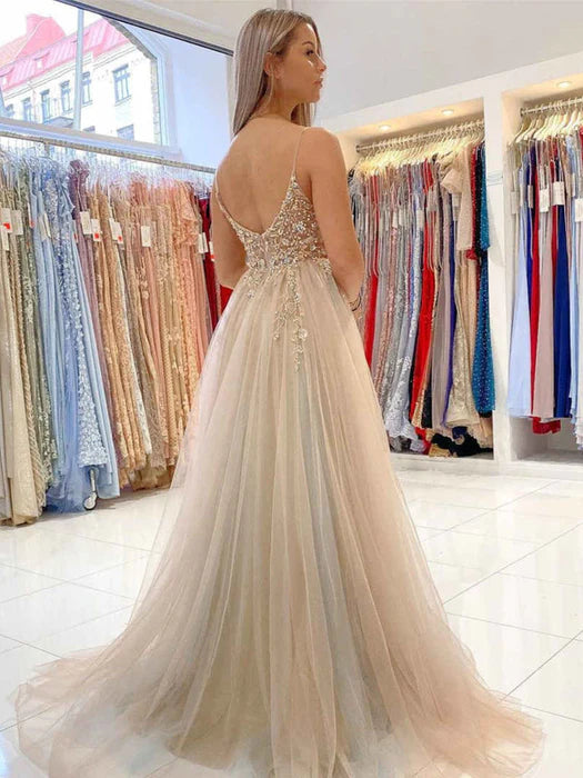 Glamorous A-Line V-Neck Beige Sequin Floor-Length Evening Dress