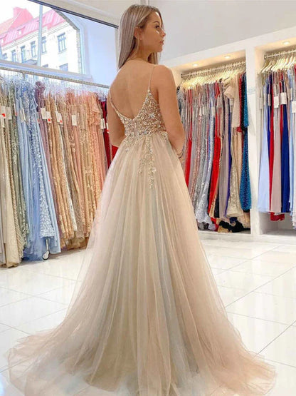 Glamorous A-Line V-Neck Beige Sequin Floor-Length Evening Dress