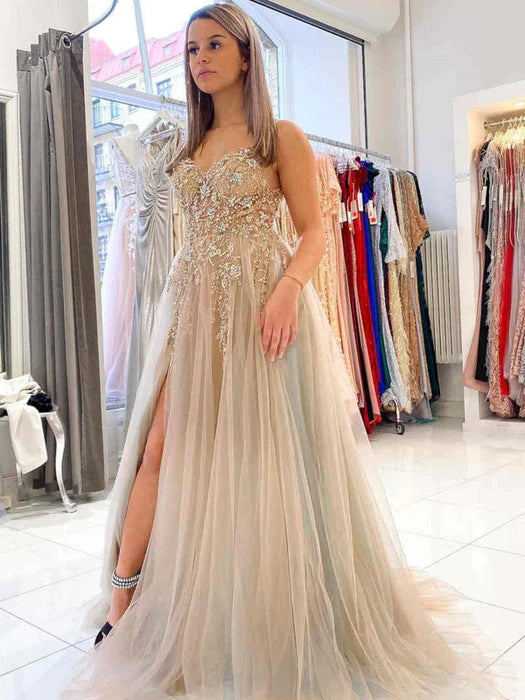Glamorous A-Line V-Neck Beige Sequin Floor-Length Evening Dress