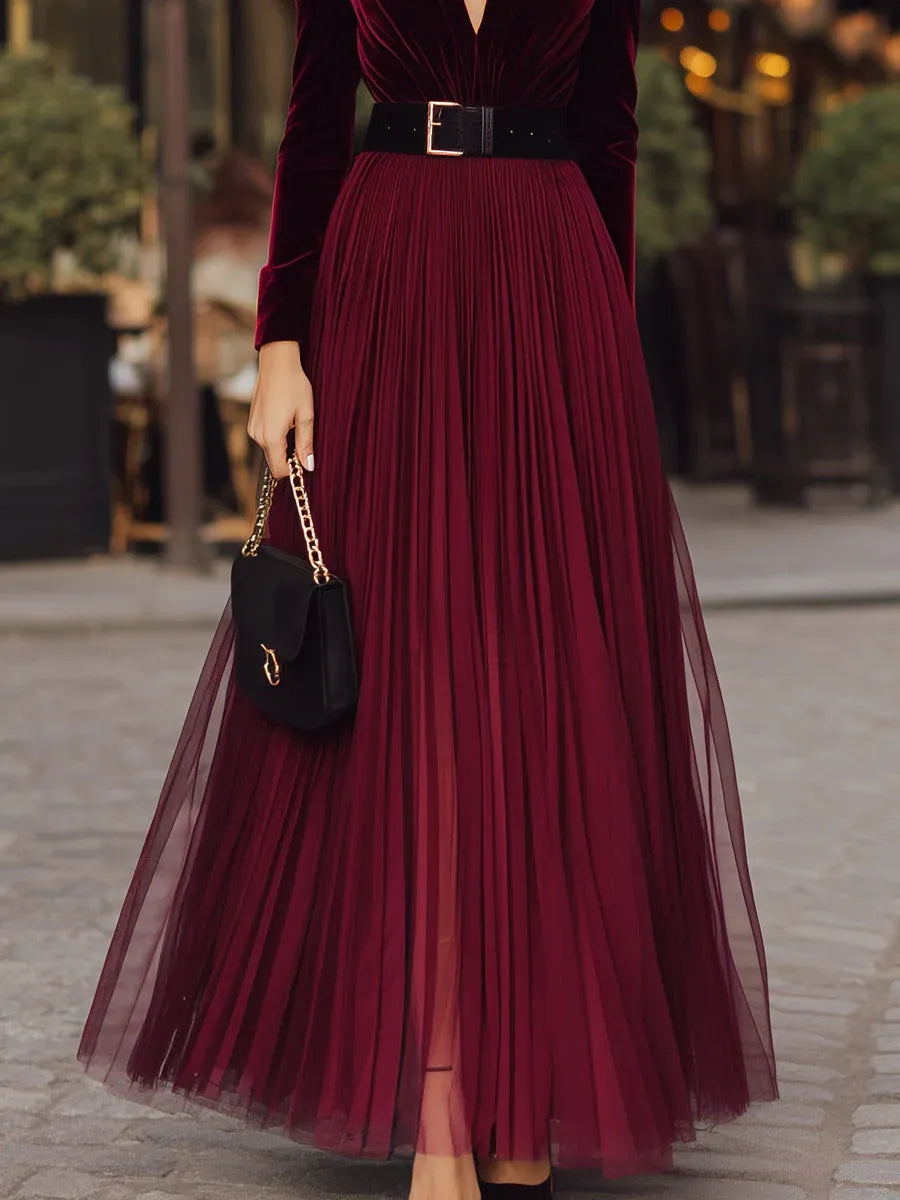 Glamorous A-Line V-Neck Long Sleeve Belted Burgundy Floor-Length Prom Dresses