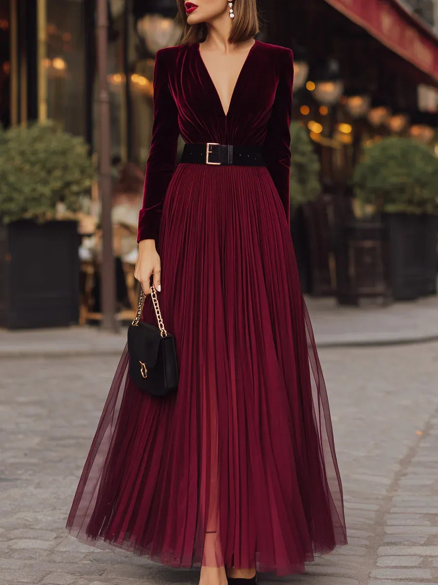 Glamorous A-Line V-Neck Long Sleeve Belted Burgundy Floor-Length Prom Dresses
