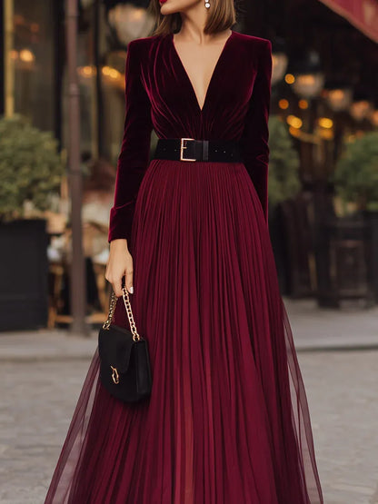 Glamorous A-Line V-Neck Long Sleeve Belted Burgundy Floor-Length Prom Dresses