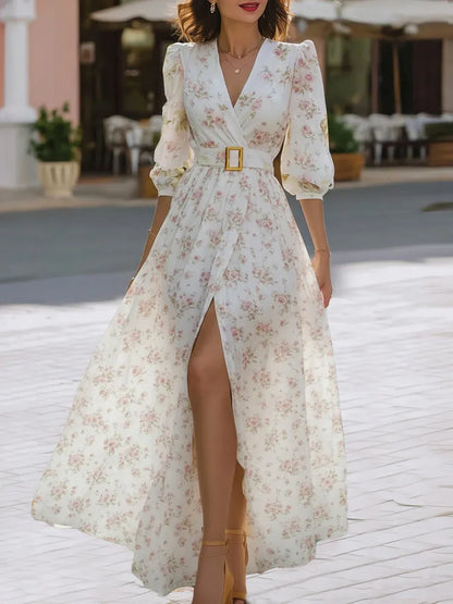 Glamorous A-Line V-Neck Puff Sleeve Belted Floral White Floor-Length Prom Dresses