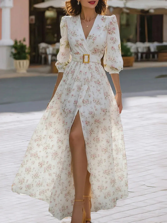 Glamorous A-Line V-Neck Puff Sleeve Belted Floral White Floor-Length Prom Dresses