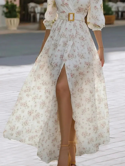 Glamorous A-Line V-Neck Puff Sleeve Belted Floral White Floor-Length Prom Dresses