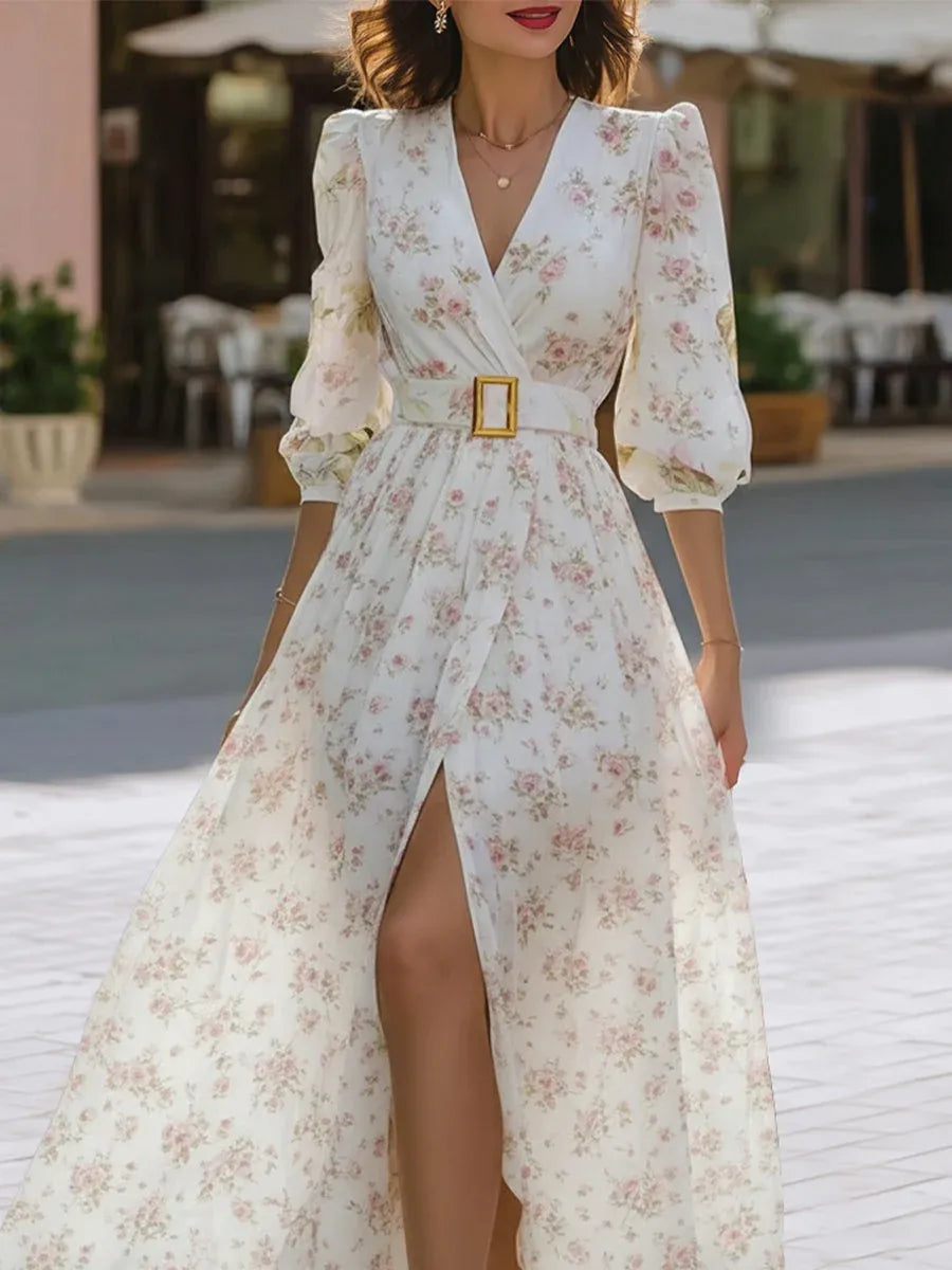 Glamorous A-Line V-Neck Puff Sleeve Belted Floral White Floor-Length Prom Dresses
