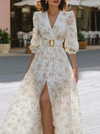Glamorous A-Line V-Neck Puff Sleeve Belted Floral White Floor-Length Prom Dresses
