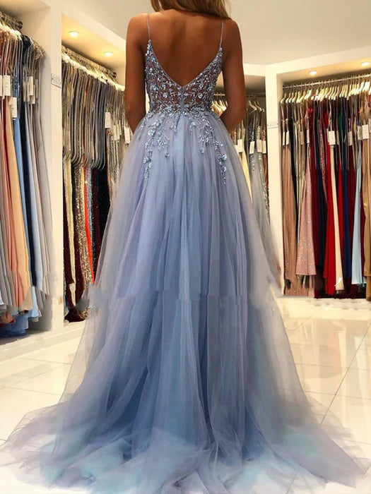 Glamorous A-Line V-Neck Spaghetti Strap Beaded Dusty Blue Prom Dress