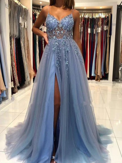 Glamorous A-Line V-Neck Spaghetti Strap Beaded Dusty Blue Prom Dress