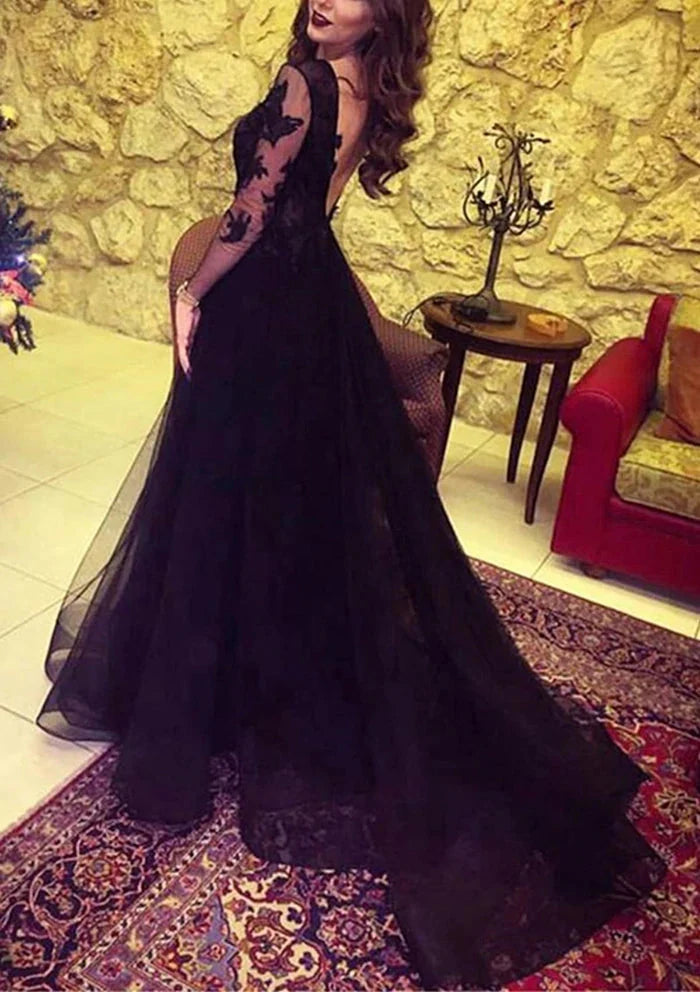 Glamorous A-Line V Neck Long Sleeve Backless Sweep/Brush Train Prom Dress