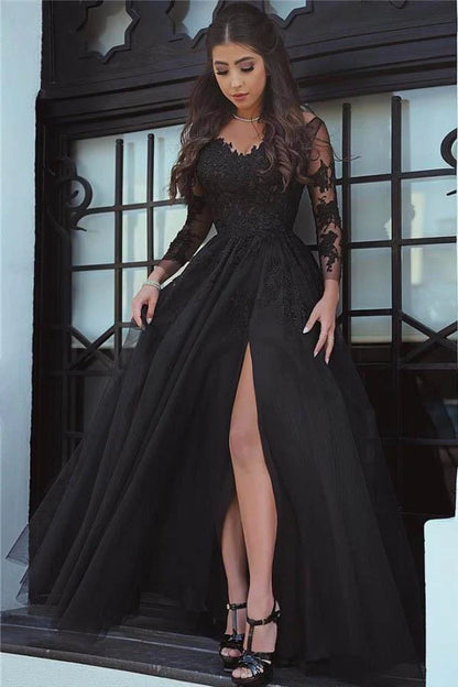 Glamorous A-Line V Neck Long Sleeve Backless Sweep/Brush Train Prom Dress