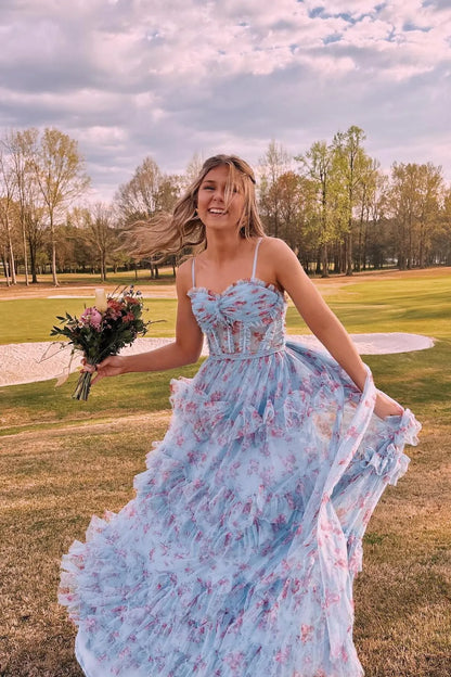 Glamorous A-line Corset Sleeveless Ruffle Tulle Floor-Length Prom Dress