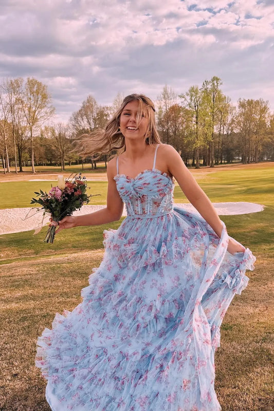Glamorous A-line Corset Sleeveless Ruffle Tulle Floor-Length Prom Dress