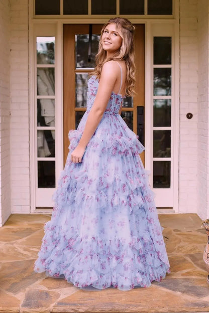 Glamorous A-line Corset Sleeveless Ruffle Tulle Floor-Length Prom Dress