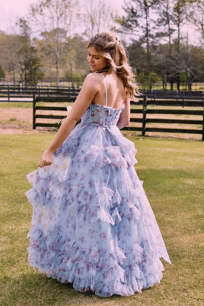 Glamorous A-line Corset Sleeveless Ruffle Tulle Floor-Length Prom Dress