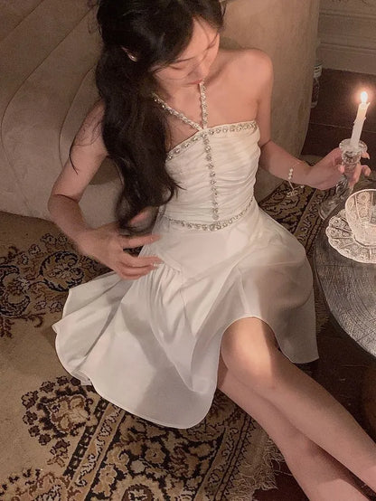 Glamorous A-line Halter Neck Sleeveless Beaded White Mini Prom Dress for Women Hot Sale