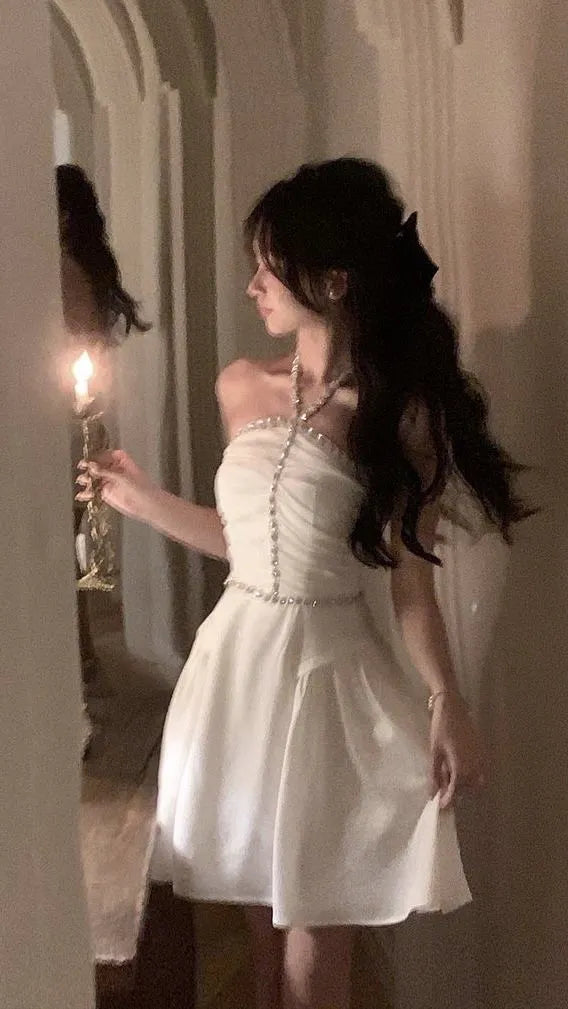 Glamorous A-line Halter Neck Sleeveless Beaded White Mini Prom Dress for Women Hot Sale