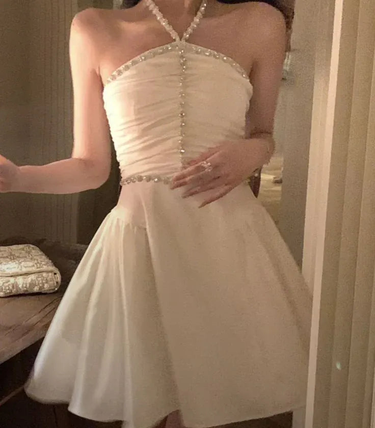 Glamorous A-line Halter Neck Sleeveless Beaded White Mini Prom Dress for Women Hot Sale
