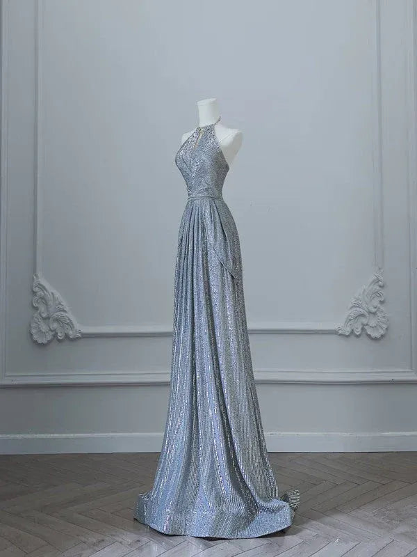 Glamorous A-line Halter Neck Sleeveless Sequin Silver Maxi Prom Dress for Women Custom