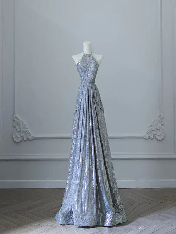 Glamorous A-line Halter Neck Sleeveless Sequin Silver Maxi Prom Dress for Women Custom
