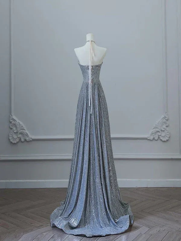Glamorous A-line Halter Neck Sleeveless Sequin Silver Maxi Prom Dress for Women Custom