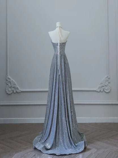 Glamorous A-line Halter Neck Sleeveless Sequin Silver Maxi Prom Dress for Women Custom