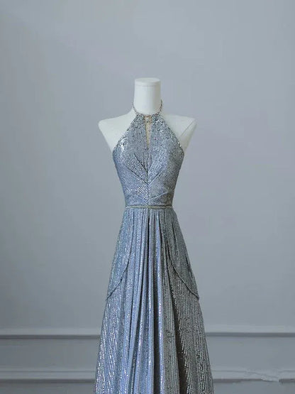 Glamorous A-line Halter Neck Sleeveless Sequin Silver Maxi Prom Dress for Women Custom