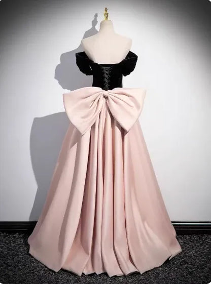Glamorous A-line Off-the-shoulder Short-sleeve Bow-embellished Blush & Black Floor-length Prom Dress for Women Custom