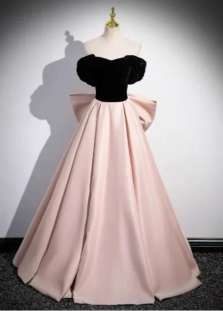Glamorous A-line Off-the-shoulder Short-sleeve Bow-embellished Blush & Black Floor-length Prom Dress for Women Custom