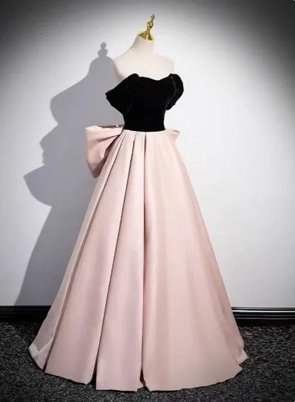 Glamorous A-line Off-the-shoulder Short-sleeve Bow-embellished Blush & Black Floor-length Prom Dress for Women Custom