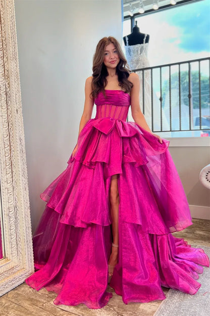 Glamorous A-line Strapless Sleeveless Tulle Bow Floor-Length Prom Dress