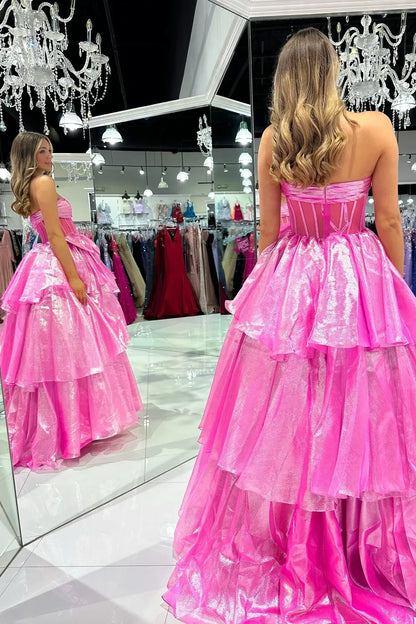 Glamorous A-line Strapless Sleeveless Tulle Bow Floor-Length Prom Dress