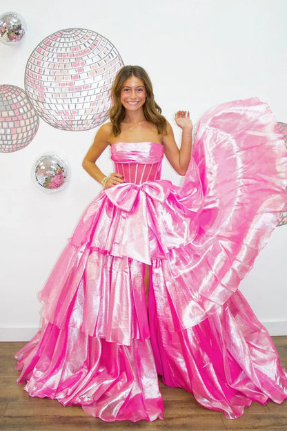 Glamorous A-line Strapless Sleeveless Tulle Bow Floor-Length Prom Dress