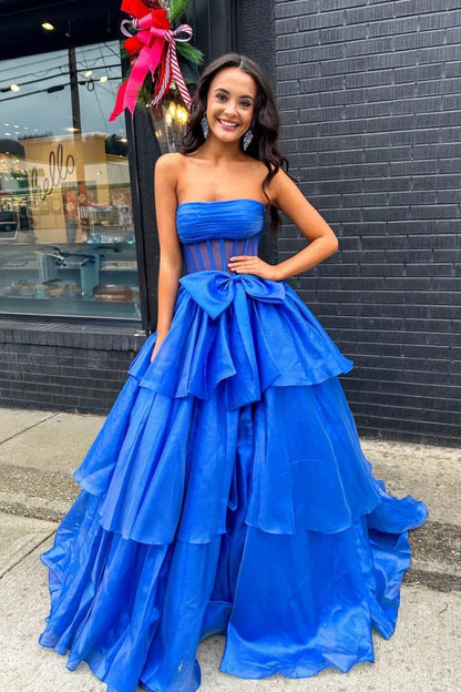 Glamorous A-line Strapless Sleeveless Tulle Bow Floor-Length Prom Dress