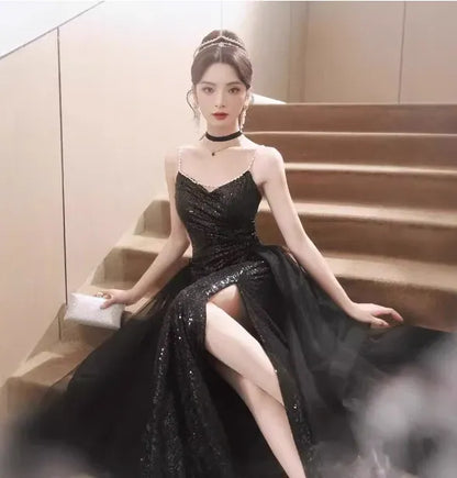 Glamorous A-line Sweetheart Neck Sleeveless Sequin Black Maxi Prom Dress for Women Hot Sale