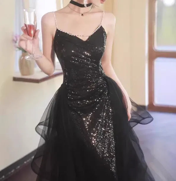 Glamorous A-line Sweetheart Neck Sleeveless Sequin Black Maxi Prom Dress for Women Hot Sale
