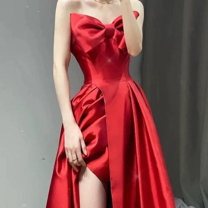Glamorous A-line Sweetheart Sleeveless Bow Red Maxi Prom Dress for Women Ready to Ship