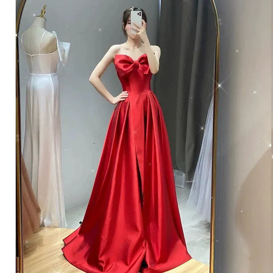 Glamorous A-line Sweetheart Sleeveless Bow Red Maxi Prom Dress for Women Ready to Ship