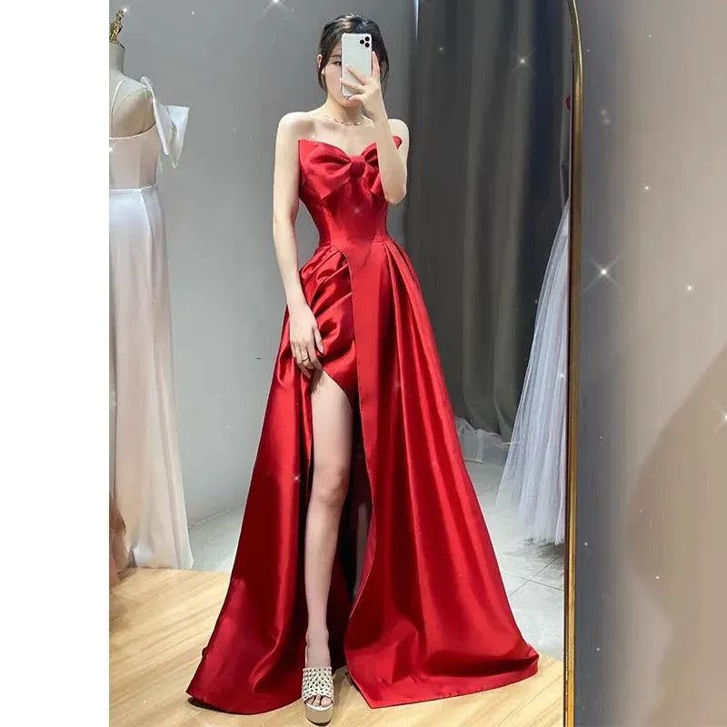 Glamorous A-line Sweetheart Sleeveless Bow Red Maxi Prom Dress for Women Ready to Ship