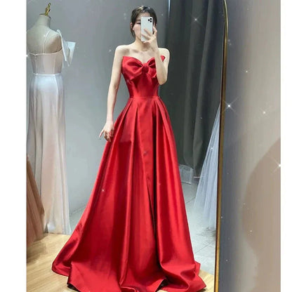 Glamorous A-line Sweetheart Sleeveless Bow Red Maxi Prom Dress for Women Ready to Ship