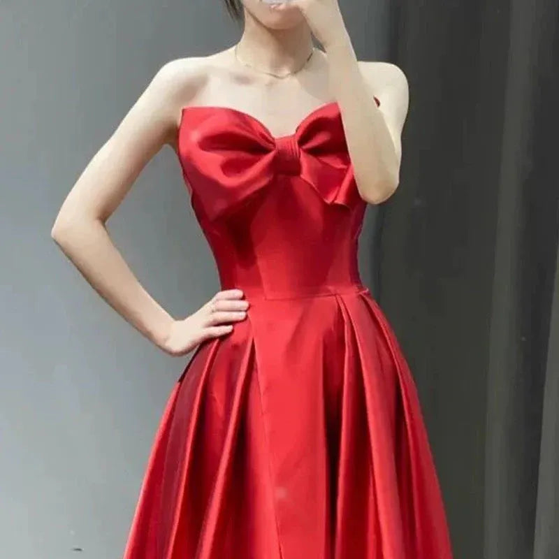 Glamorous A-line Sweetheart Sleeveless Bow Red Maxi Prom Dress for Women Ready to Ship